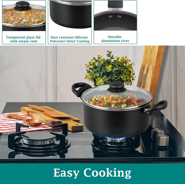 7-Piece Black Non-Stick Aluminum Cookware Set, Even Heat Distribution Pots & Pans Kit with Sauté Pan, Saucepans & Glass Lids for Beginner Home Kitchen Cooking5