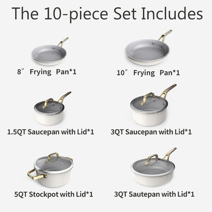 White 10 Piece Ceramic Cookware Set | Pots Pans for Family Meals | Include Saucepan, Saute Pan, Stockpot, Frying Pans, Oven Safe to 480°F, Dishwasher Safe, Non-Toxic PFAS Free, Induction Bases4