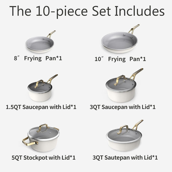 White 10 Piece Ceramic Cookware Set | Pots Pans for Family Meals | Include Saucepan, Saute Pan, Stockpot, Frying Pans, Oven Safe to 480°F, Dishwasher Safe, Non-Toxic PFAS Free, Induction Bases4