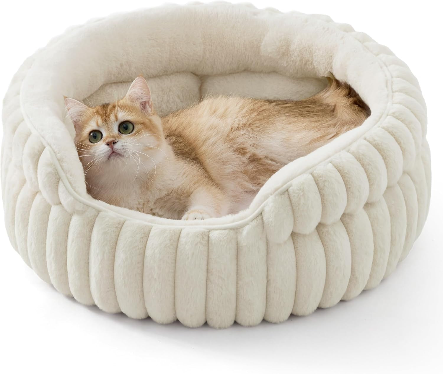 bedsure-comfyfleece™-washable-cute-large-cat-bed-soft-round-puppy-bed-23in-cozy-fluffy-plush-small-dog-bed-donut-corduroy-cuddler-pet-beds-for-indoor-big-cats-anti-slip-bottom-up-to-20-lbs-cream