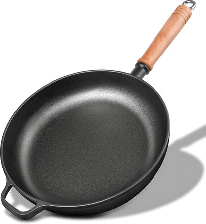 12" Cast Iron Skillets with Removable Wooden Handle, Pre-Seasoned Frying Pan for Stove, Oven, Grill & Campfire Cooking (1, 12")1