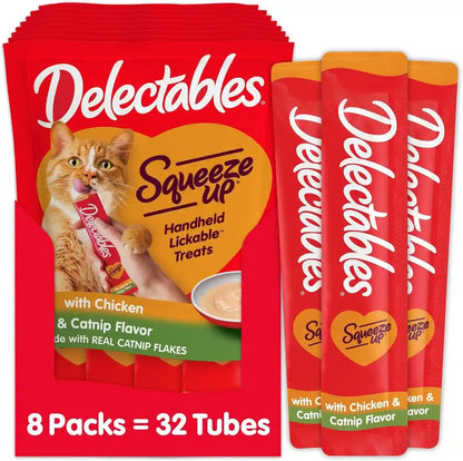 Delectables Squeeze up Creamy Squeezable Puree, Lickable Wet Cat Treats, Grain Free, No Added Fillers, No By-Products, No Added Preservatives, 0.5 Ounces Tube Chicken with Catnip, 32 Tubes Total1