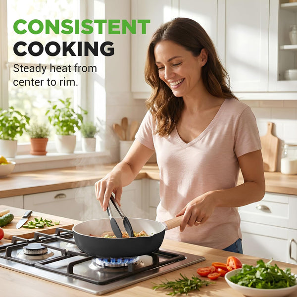 14 Pc Ceramic Cookware Set, Pots and Pans Set Non Stick, Black | Induction Safe, Cool-Touch Handles, Even Heat, Non-Stick Pans and Pots, Dishwasher Safe, Includes Spatula, Ladle, Tong4