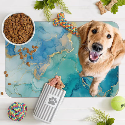 Marble Dog Cat Food Mat,Blue Teal Turquoise Gold Absorbent Pet Feeding Mat with Rubber Backing,Non-Slip Water Bowl Placemat,Indoor Pet Accessories Supplies 12"X20"7
