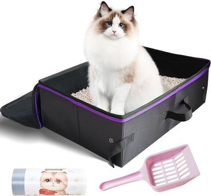 20X14X6.5 Inches, Large Portable Cat Travel Litter Box with Zipped Lid & 10 Liners, Leak-Proof, Lightweight, Sturdy & Waterproof and Foldable Travel Cat Litter Box for Hotels, Car, & Camping1