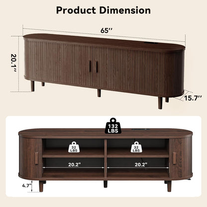 65" Mid Century Modern TV Stand with Power Outlet, Fluted Entertainment Center with Storage and Adjustable Shelves, Wood TV Console with Sliding Doors for Living Room, Walnut3