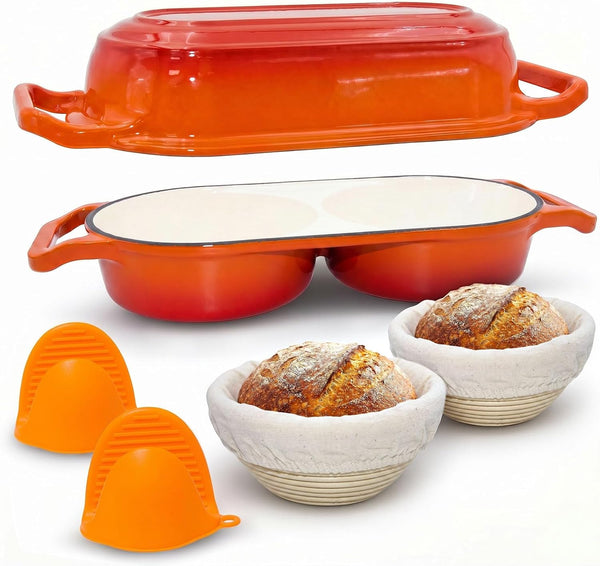 Cast Iron Bread Pan with Lid, Double Dutch Oven for Sourdough Bread Baking, 2 round Loaf Compartments + 2Pack 5-Inch Baking Bowls and 2 Anti-Scald Clips, Oven Safe to 500°F, Dutch Oven Red1