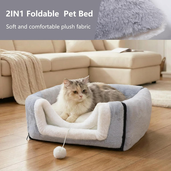 Cat Bed for Indoor Cats，Foldable Cat Cave，Anti-Slip & Water-Resistant Bottom，Cat Houses for Indoor Cats or Small Dogs, Kitten Tent, Rabbit Bed，2 in 1 Pet Bed (Grey)3