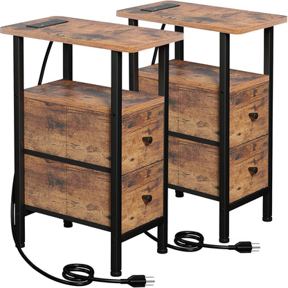 Narrow End Table with Charging Station, Side Tables Living Room | End Tables Living Room Set of 2, Skinny Nightstand with Fabric Drawers for Bedroom, Small Spaces, Rustic Brown1