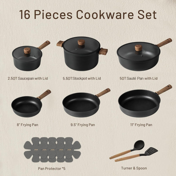 16Pcs Pots and Pans Set, Nonstick Cookware Sets | Titanium Reinforced Coating, Scratch-Resistant, Easy to Clean, Even Heating, Induction Compatible, with Frying Pans Set2