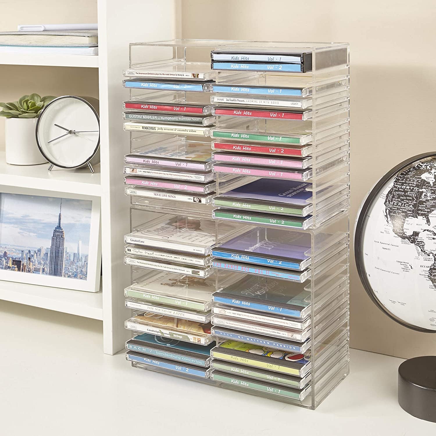stackable-clear-plastic-cd-organizer-with-rubber-feet-rectangular-jewel-cases-holder-perfect-for-theatre-room-holds-up-to-30-cd-cases-made-in-usa