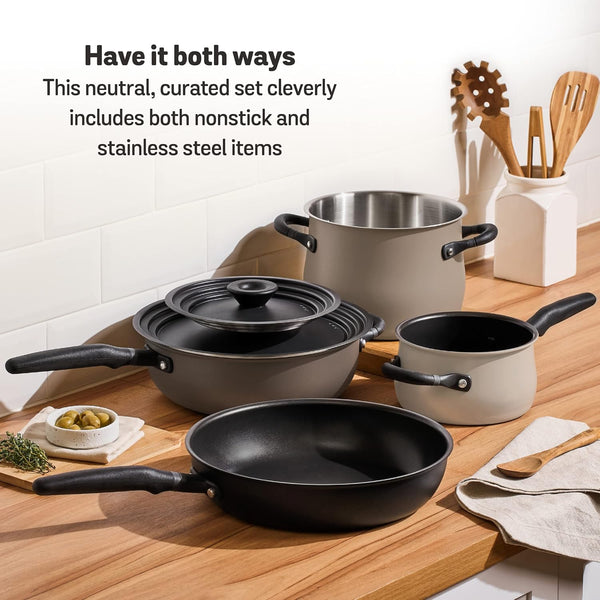 6Pc Stackable Set with Universal Lids | Hard Anodized Non Stick and Stainless Steel Pots and Pans | Induction Compatible | Dishwasher Safe | Oven Safe | Black & Gray | Accent Series Cookware5