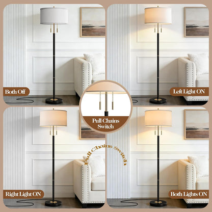 2-Light Mid Century Modern Floor Lamp, Standing Lamp with Fabric Shade and Pull Chain Switch, Tall Floor Lamp for Living Room, Bedroom,Office Corner (Black, 2X 3CCT Bulb Included)3