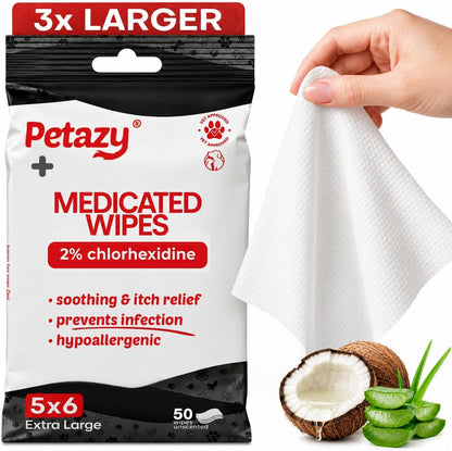 Petazy 2% Chlorhexidine Wipes for Dogs 3X Larger | Yeast Infection Ringworm Fungus Hot Spot Itch Relief | Medicated Antibacterial Antifungal Gentle Soothing Topical Wipes for Dog Cat | 50 Wipes 5X61