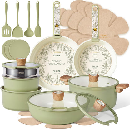 25Pcs Ceramic Cookware Sets, Nonstick Pots and Pans Set Non Toxic | Space Saving, Detachable Handle, Dishwasher & Oven Safe, PFAS Free, Kitchen/Apartment/Camping/Rv/ Traveling Cooking Sets1