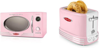 Retro Countertop Microwave Oven - Large 800-Watt - 0.9 Cu Ft - 12 Pre-Programmed Cooking Settings - Digital Clock - Kitchen Appliances - Pink & Retro Wide 2-Slice Toaster, Vintage Design1