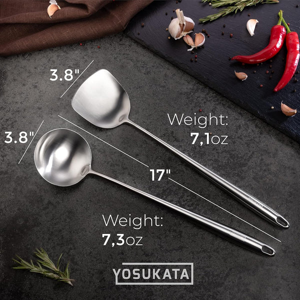 Blue round Bottom Wok Pan – 14" Woks and Stir Fry Pans + 17’’ Wok Spatula and Ladle - Set of 2 Heat-Resistant Wok Tools8
