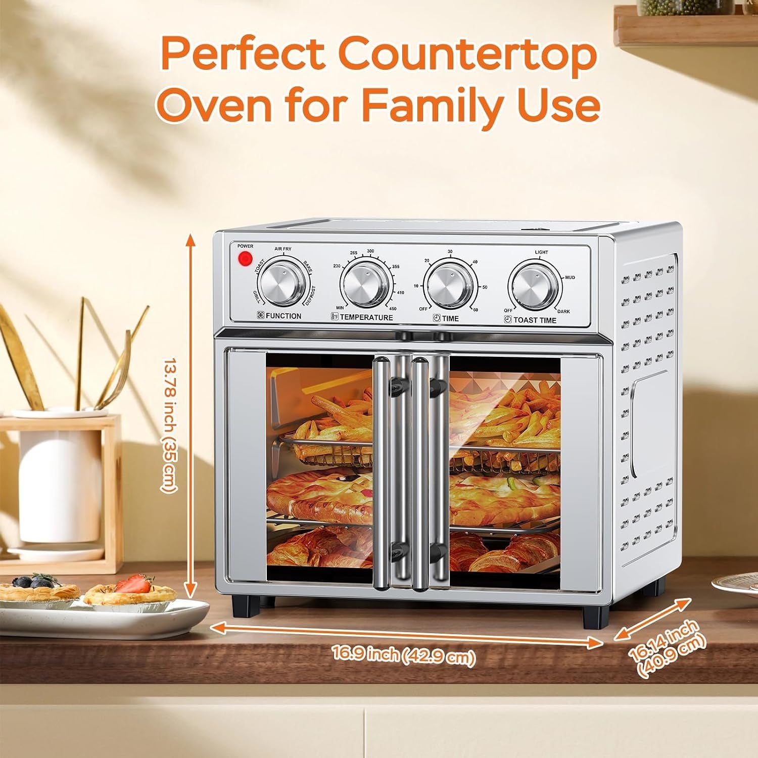 plumchef-27-5-quart-extra-large-6-slices-air-fryer-convection-toaster-oven-french-door-1700w-multifunction-oven-for-air-fryer-toast-grill-defrost-bake-stainless-steel