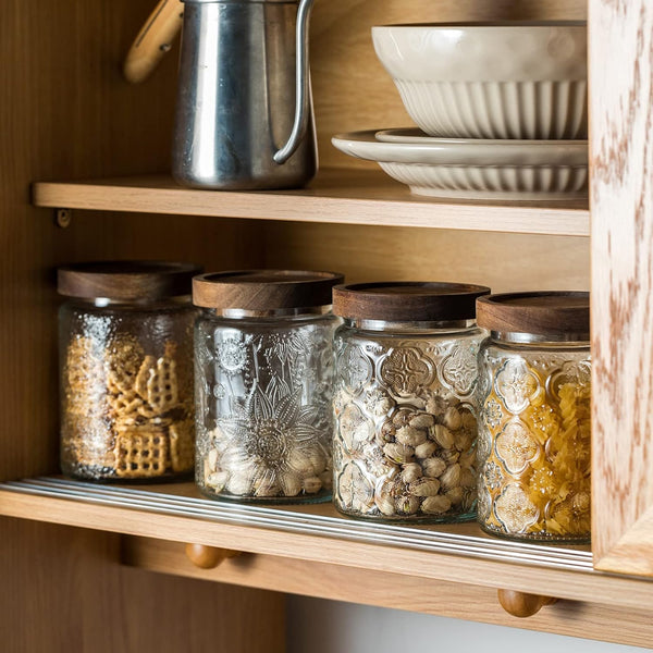 Vintage Glass Kitchen Storage Counter Jar, Kitchen and Pantry Glass Storage, with Airtight Wood Lid for Cookies, Candy, Coffee Tea Beans, Grains,Food Storage Containers (Plum-Pattern*2)6