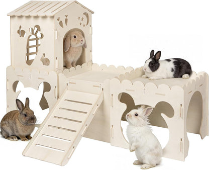 Large Rabbit House, Wooden Bunny Castle with 3 Houses Indoor, Rabbit Guinea Pig Cage Multistory Climbing Tower Sturdy Wooden Castle, Small Animal Hideaway Tunnel12
