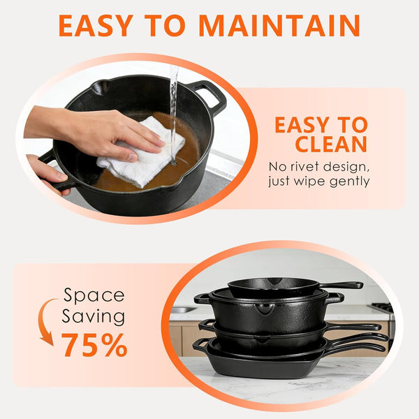 6 Piece Pre-Seasoned Cast Iron Cookware Set – Incl. 5QT Dutch Oven with Lid, 8'' and 10.25'' Cast Iron Skillets, 10.5'' round Griddle, and a Square Grill Pan for Kitchen, Stovetop, & Camping8