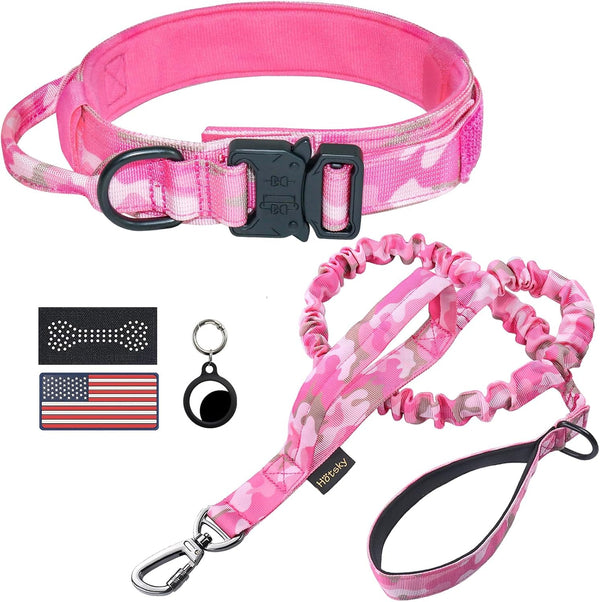 Hotsky Tactical Dog Collar and Leash Set, Heavy Duty Military Airtag Dog Collar with Handle and Metal Buckle for Training and Walking, with Airtag Holder and Two Patches (Pink Camo, M)1