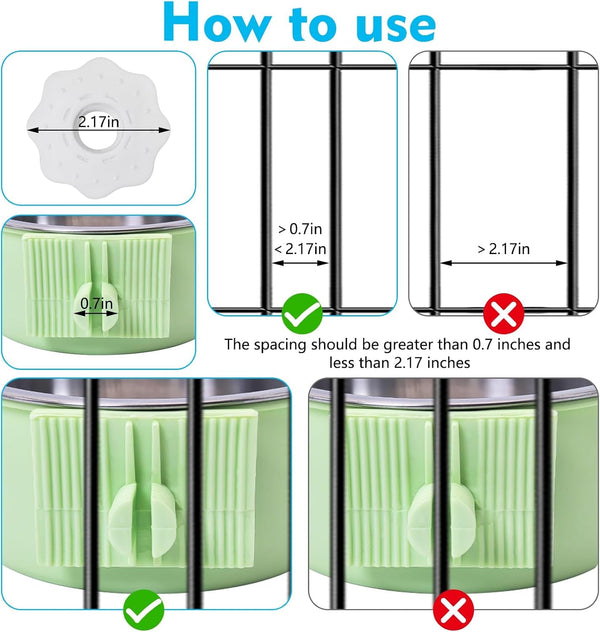 Kathson Crate Dog Bowl, Removable Stainless Steel Hanging Pet Kennel Cage Bowl Food & Water Feeder Coop Cup for Puppy, Cat, Rabbit, Guinea Pigs Ferret Bird (2 PCS, Size: M, Blue and Green)3
