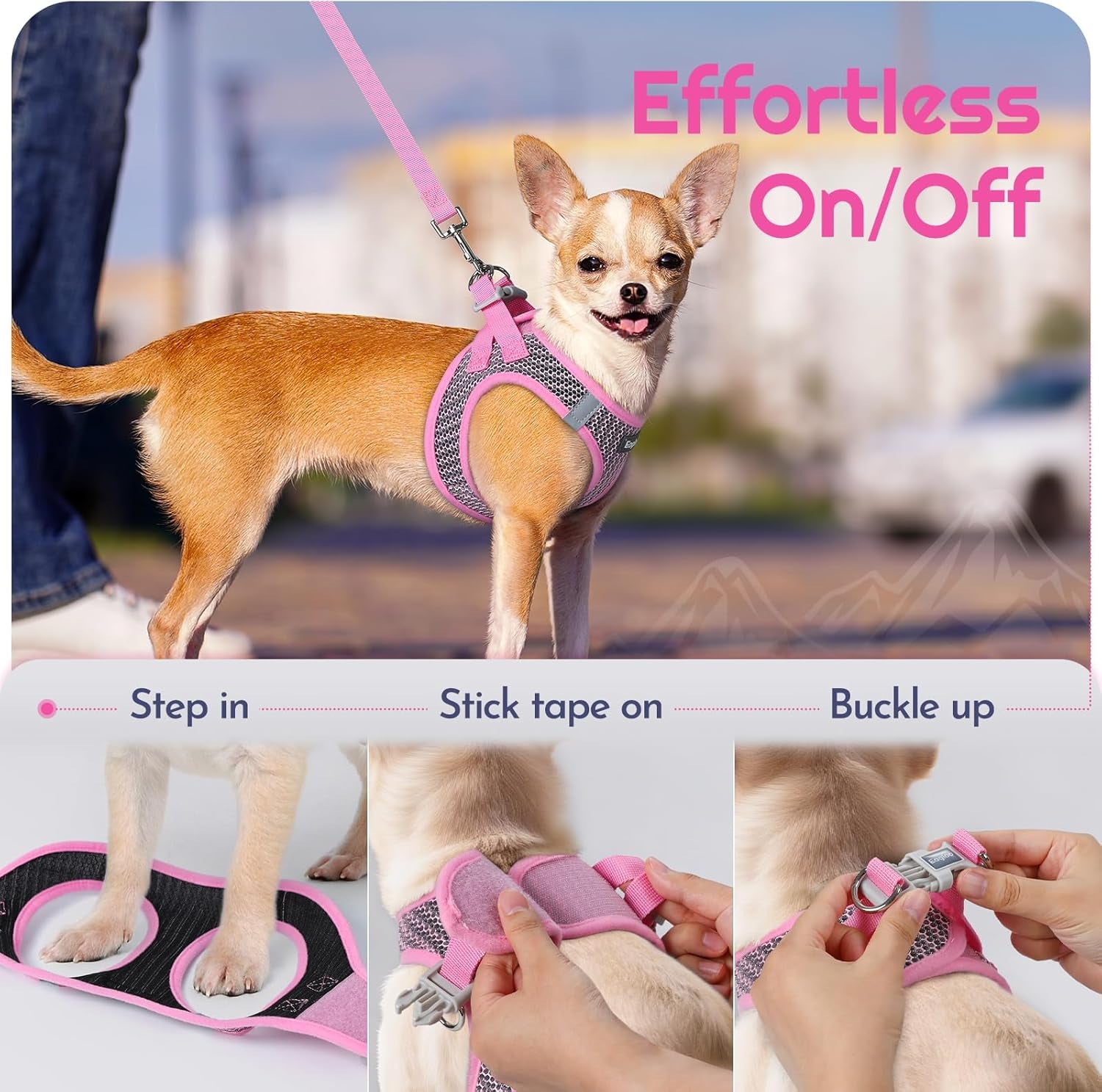 eagloo-small-dog-harness-and-leash-set-step-in-small-sized-puppy-pet-vest-light-soft-breathable-air-mesh-easy-on-and-off-with-hook-loop-reflective-for-safe-walking-pink-s