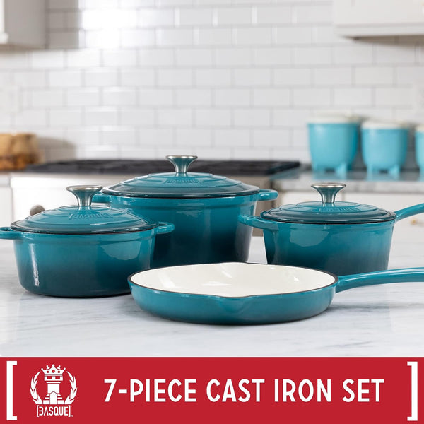 Enameled Cast Iron Cookware Set, 7-Piece Set (Biscay Blue), Nonstick, Oversized Handles, Oven Safe; Skillet, Saucepan, Small Dutch Oven, Large Dutch Oven, 10.25", 2QT, 2.25QT, 4.75QT | Includes 10.25" Skillet, 2QT Saucepan, 2 Dutch Ovens; Oversized Handles for Easy Carrying2
