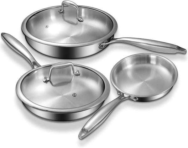 Tri-Ply Stainless Steel Frying Pans Set with Lid,  8”/10”/12” Cooking Pans, PFOA&PTFE Free Skillet, Induction Cooking Pan, Dishwasher and Oven Safe, Fast & Even Heat, Suitable for All Stove1