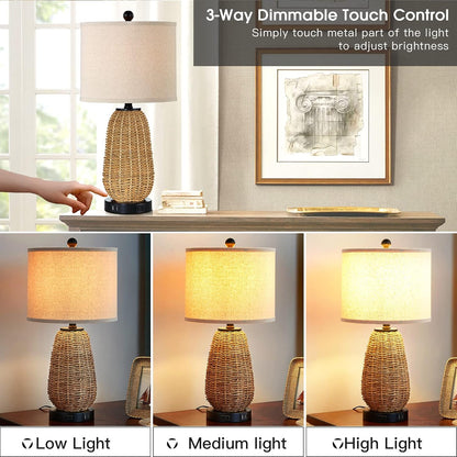 Touch Control Rattan Table Lamps, 3 Way Dimmable Bedside Lamps for Bedroom Set of 2 with 2 USB Ports and AC Outlet, Nightstand Lamps for Living Room (LED Bulbs Included), Grass2