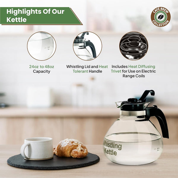 Café Brew Glass Tea Kettle, 12 Cup | German Borosilicate Glass. Gas & Electric Stovetop Safe. Heat Resistant. Whistles at Boil. 12-Cup Capacity.8