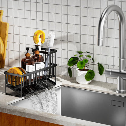 Extra Large Kitchen Sink Caddy Organzier with High Brush Holder, Sponge Holder for Sink, 304 Rustproof Stainless, Kitchen Countertop Soap Dispenser Organizer for Decor and Accessories3