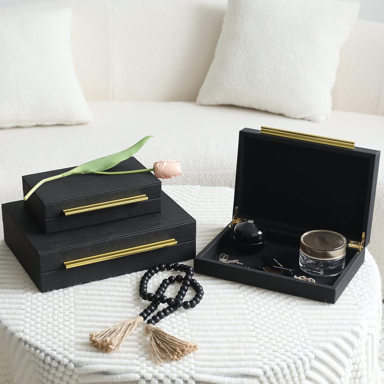 faux-shagreen-decorative-stackable-jewelry-storage-boxes-set-of-3-black-jewelry-organizers-with-gold-metal-handles-velvet-lining-modern-black-box-for-vanity-entryway-coffee-table-decor