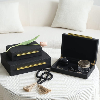 Faux Shagreen Decorative Stackable Jewelry Storage Boxes Set of 3,Black | Jewelry Organizers with Gold Metal Handles & Velvet Lining, Modern Black Box for Vanity, Entryway & Coffee Table Décor3