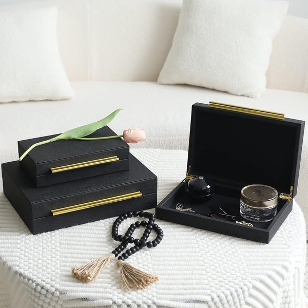 Faux Shagreen Decorative Stackable Jewelry Storage Boxes Set of 3,Black | Jewelry Organizers with Gold Metal Handles & Velvet Lining, Modern Black Box for Vanity, Entryway & Coffee Table Décor3