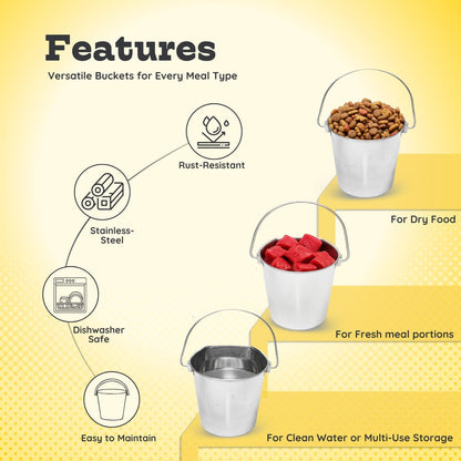 Stainless Steel Flat Side Bucket 1 Quart (0.25 Gallon)- Heavy Duty Hanging Food & Water Pail for Dogs, Cats, Birds, Kennel, Cages & Crates, Durable Rustproof Multi-Purpose Feeding Buckets4