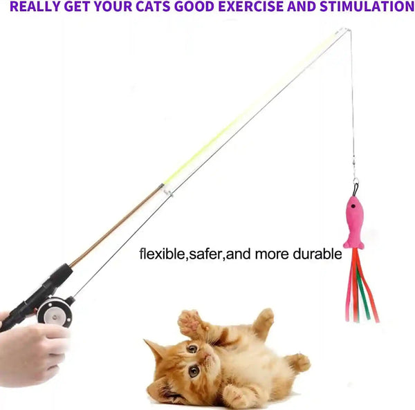 Retractable Cat Teaser Wand Toy, Cat Toys for Indoor Outdoor Cats Interactive Fishing Rod with 8 Pcs Refills Feather Toy, Plush Mouse Caterpillar & Fish6