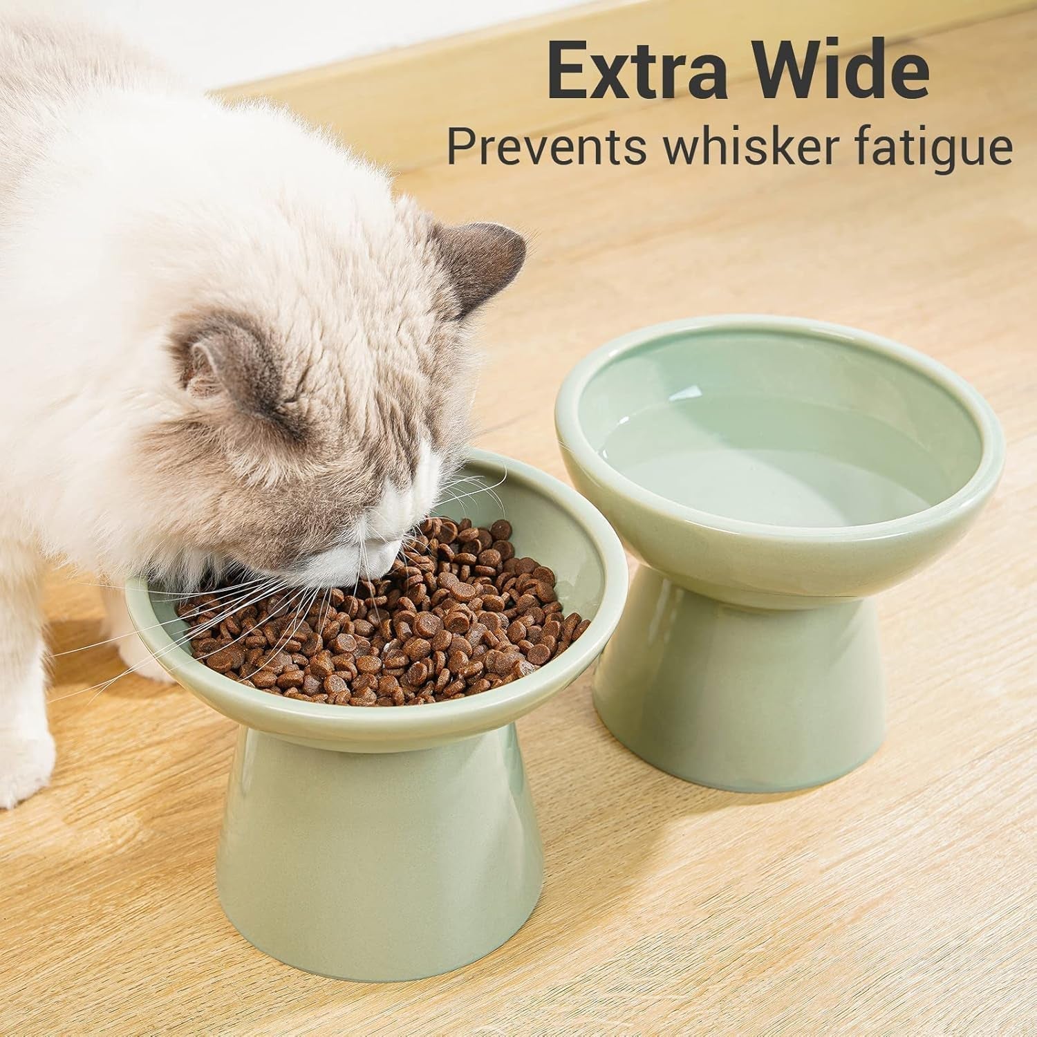 ceefu-2-pack-elevated-ceramic-cat-bowls-extra-wide-for-food-water-anti-vomiting-whisker-friendly-shallow-food-dish-and-deep-water-bowl-lead-cadmium-free-raised-height-for-cats-sage-green