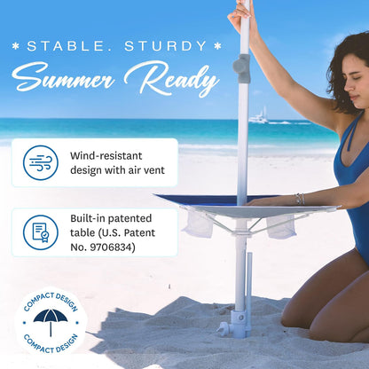7Ft Heavy Duty High Wind Beach Umbrella with Sand Anchor, Built-In Table Tray Vent Tilt Pole, UPF 50+ Windproof Portable Outdoor Umbrellas Carry Bag for Patio Garden Pool Backyard Stripe3