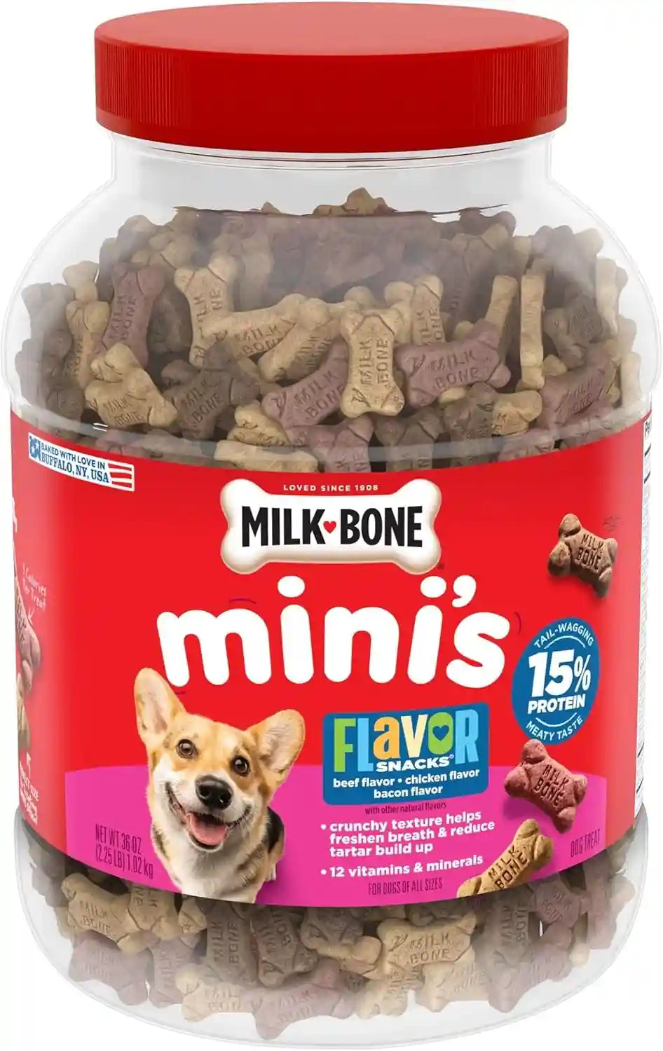 milk-bone-flavor-snacks-mini-s-dog-biscuits-flavored-crunchy-dog-treats-36-oz-canister-5-calories-per-treat-15-protein-3-flavors-per-canister-beef-chicken-bacon-naturally-artificially-flavored