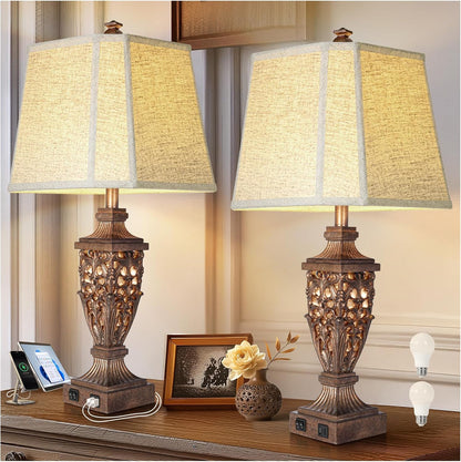 Vintage Resin Table Lamps with Night Light for Bedroom Living Room | 28.5" Tall, Night Light, Farmhouse Table Lamps Set of 2 with USB A+C Charging Ports, Linen Shade, Bulb Included, Bedside Lamp1