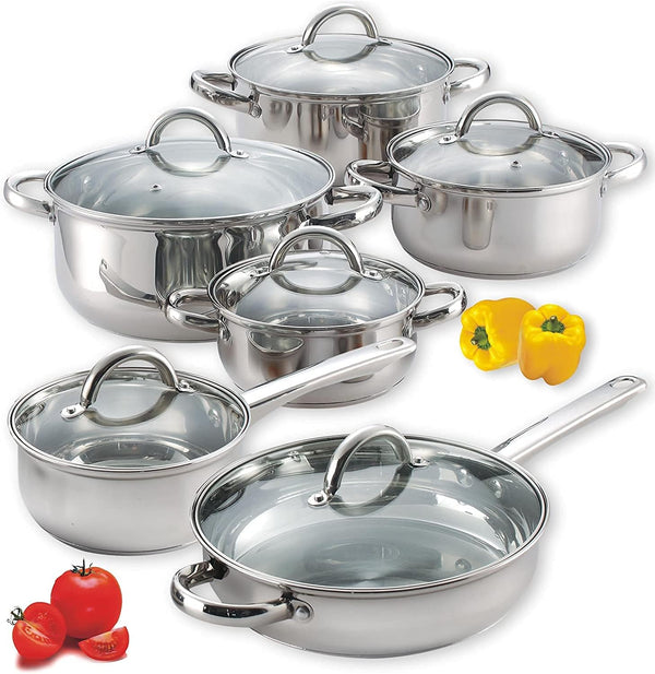 Kitchen Cookware Sets, 12-Piece Basic Stainless Steel Pots and Pans, Silver | Stay-Cool Handle, Induction Compatible, Dishwasher and Oven Safe1