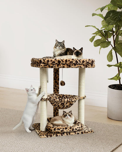 SYANDLVY Leopard Print Small Cat Tree with Top Perch, Hammock & Bottom Bed | 3 Level, Natural Sisal Scratching Post Tower with Hanging Bell Ball and Anti-Tip Strap, Stable Indoor Cat Furniture2