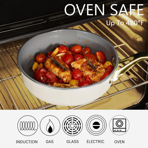 White 10 Piece Ceramic Cookware Set | Pots Pans for Family Meals | Include Saucepan, Saute Pan, Stockpot, Frying Pans, Oven Safe to 480°F, Dishwasher Safe, Non-Toxic PFAS Free, Induction Bases6