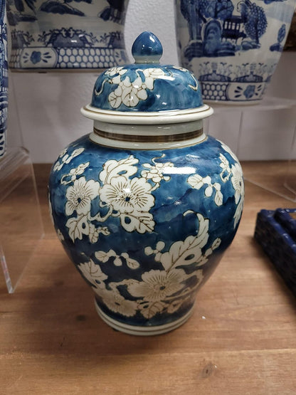 Blue and White Flower Chinoiserie Ginger Jar 12" W/Lid Ginger Jar, Tea Storage Decorative Home Decor Jar7