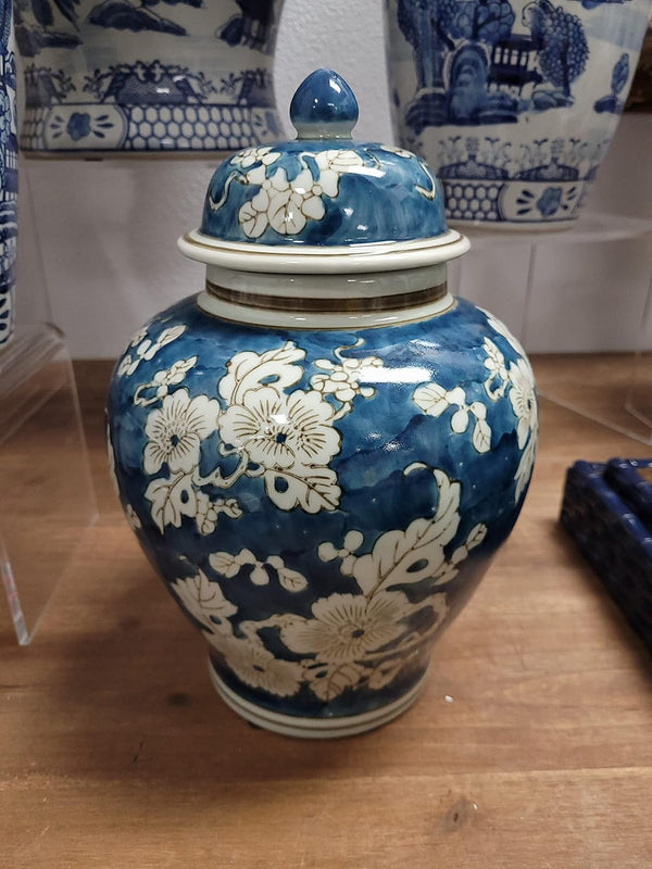 Blue and White Flower Chinoiserie Ginger Jar 12" W/Lid Ginger Jar, Tea Storage Decorative Home Decor Jar7