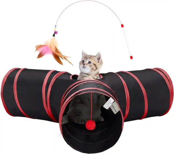 Tempcore Pet Cat Tunnel Tube Toys 3 Way Collapsible, Tunnels for Indoor Cats, Interactive Tube with Teaser Wand, Peek Holes & Hanging Ball, Black & Blue30