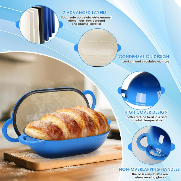 2.5Qt Enameled Cast Iron Dutch Oven for Sourdough Bread Baking, Oven Safe Dutch Oven Pot with Lid, Non-Stick Bread Oven Pot, Blue3