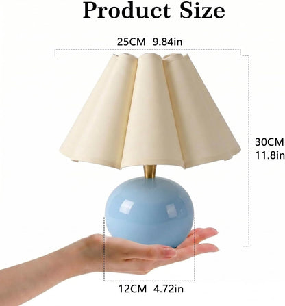 Small Bedside Table Lamp, 11.8'' Ceramic Stepless Dimmable Lamp (Blue) | with Scalloped Fabric Shade for Nightstand & Living Room. Perfect for Quiet Nights to Create a Cozy, Relaxing Atmosphere3